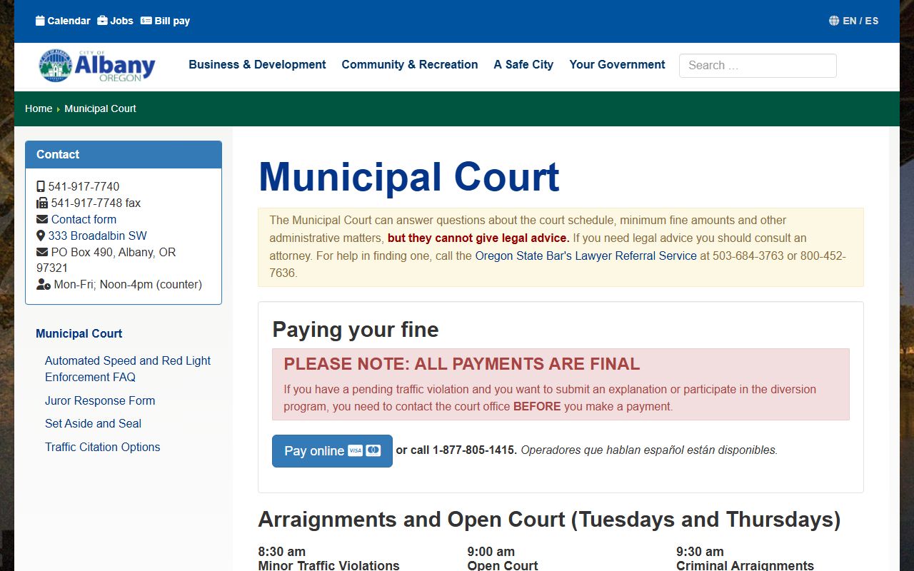Albany Municipal Court official page for court docket records