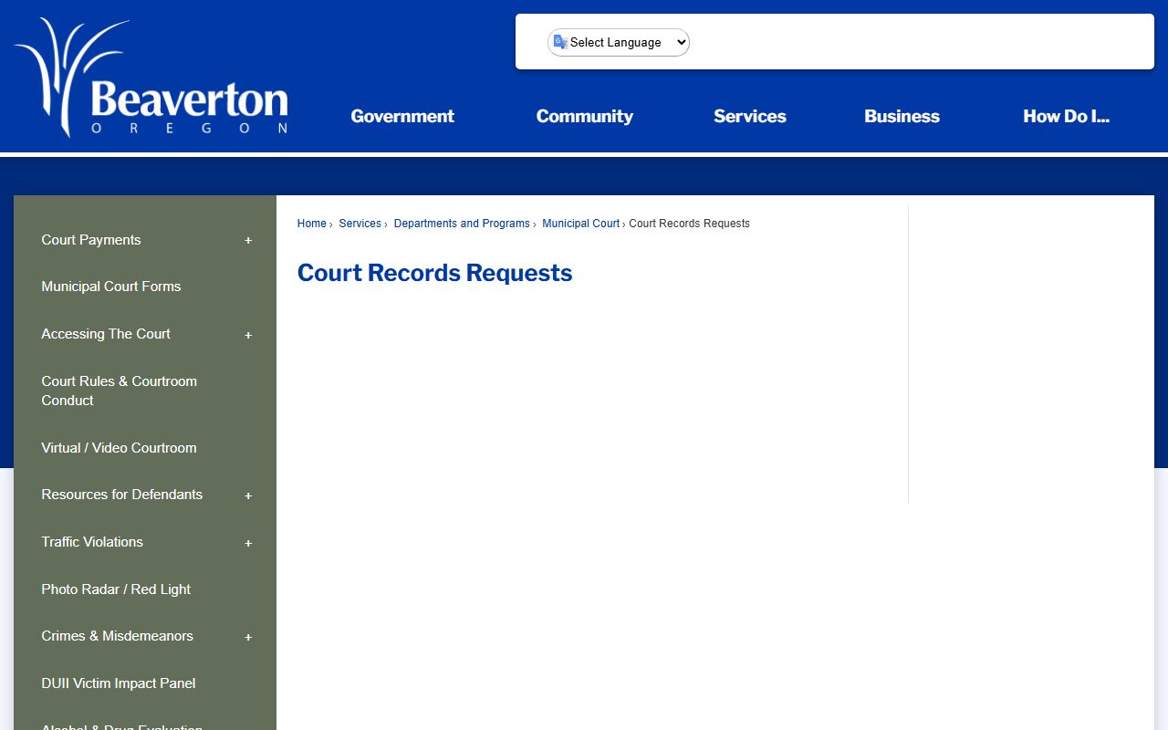 Beaverton Municipal Court official page for court docket records