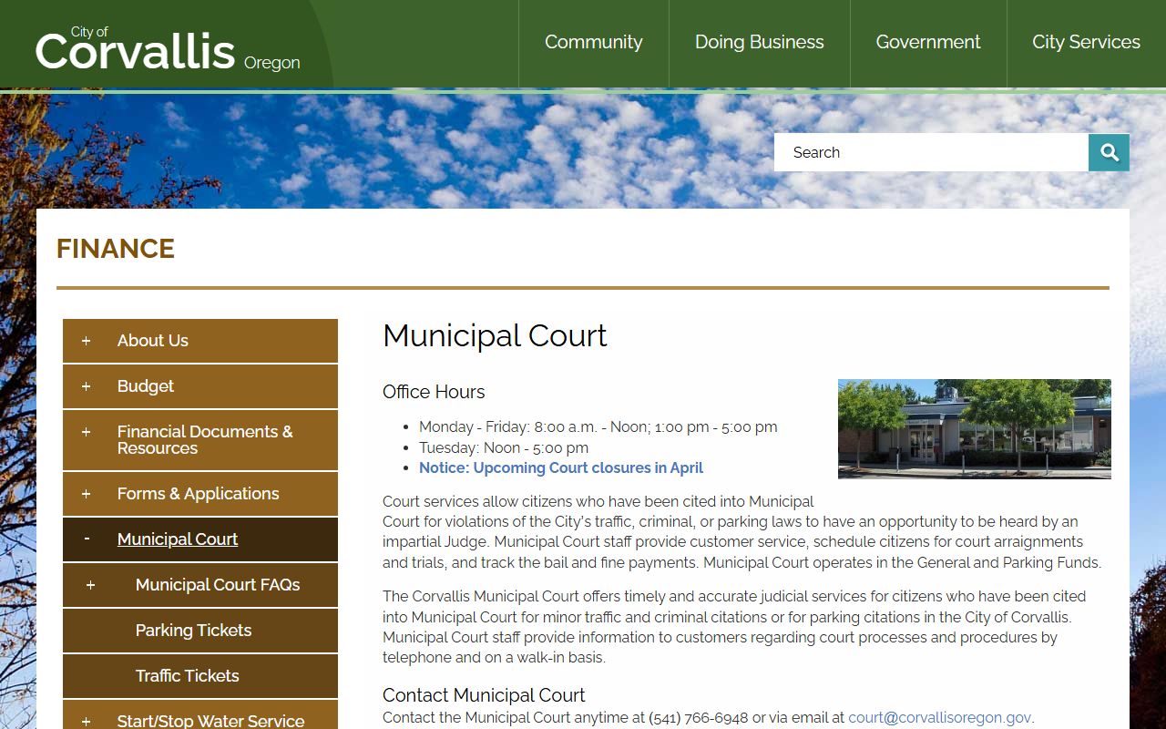 Corvallis Municipal Court official page for court docket records