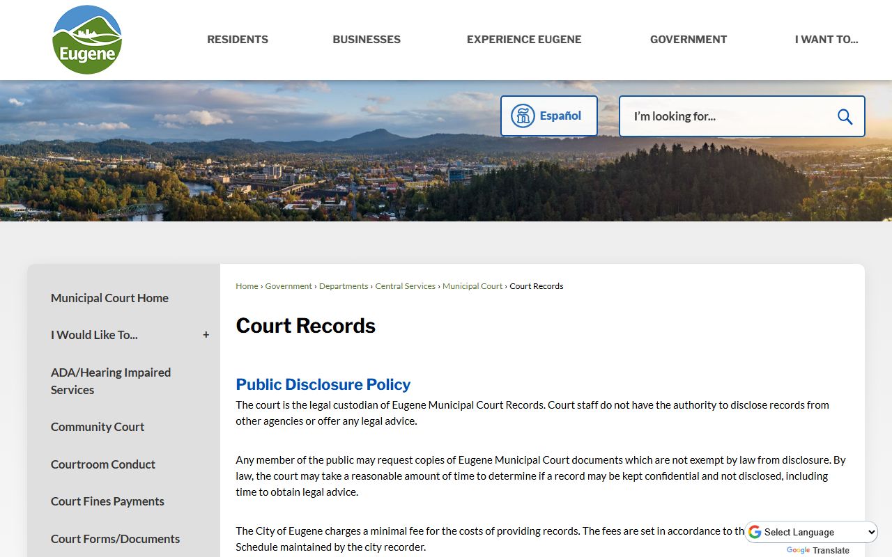 Eugene Municipal Court official page for court docket records