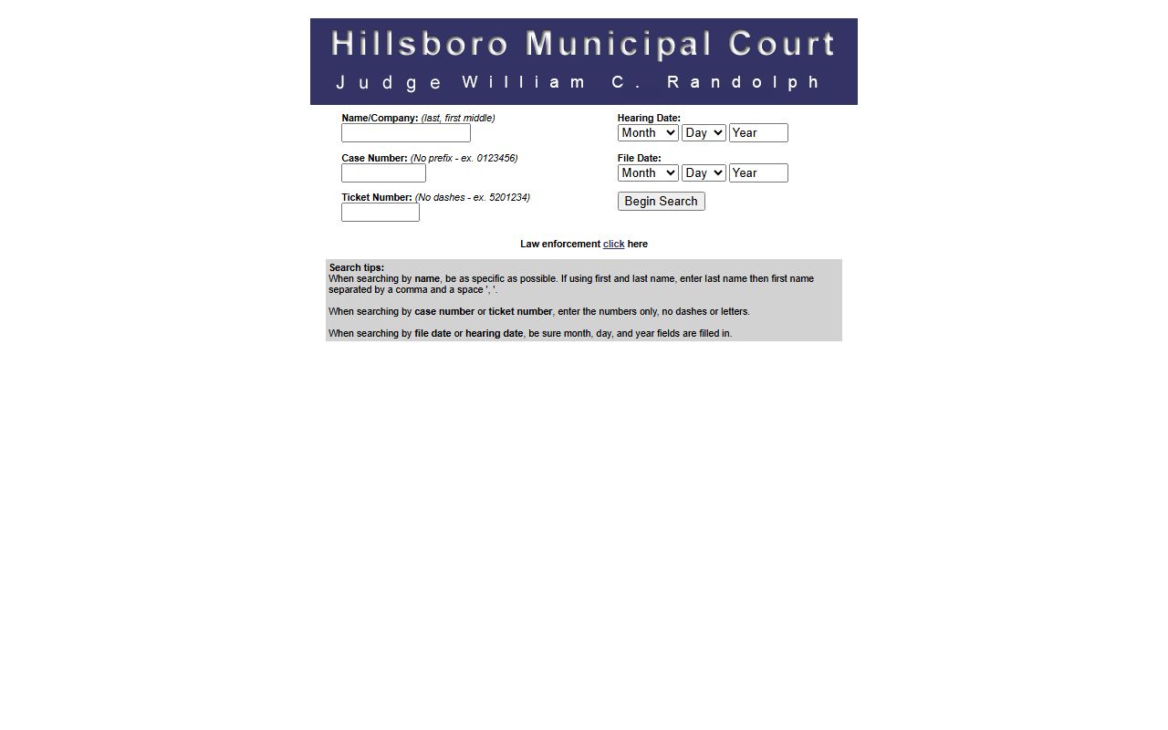 Hillsboro Municipal Court docket record search tool