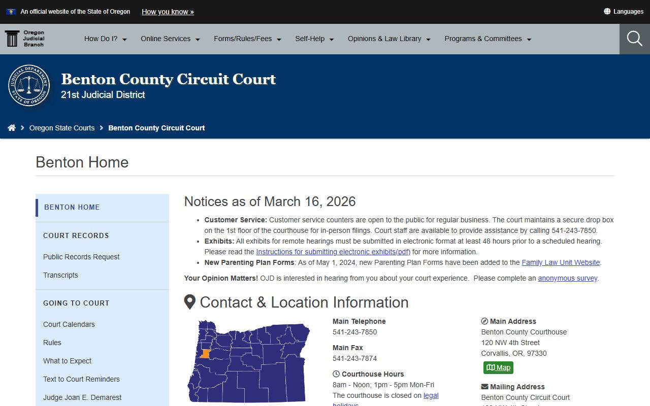 Benton County Circuit Court in Corvallis Oregon court docket records