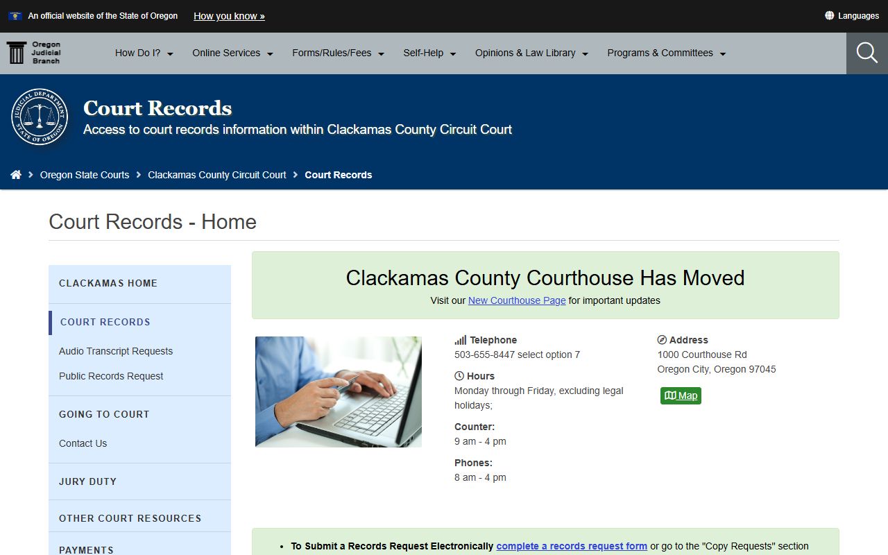 Clackamas County Circuit Court website for court docket records access