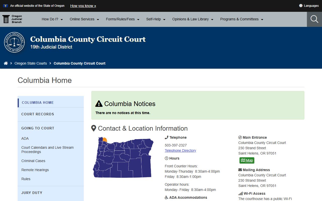 Columbia County Circuit Court in St. Helens Oregon court docket records