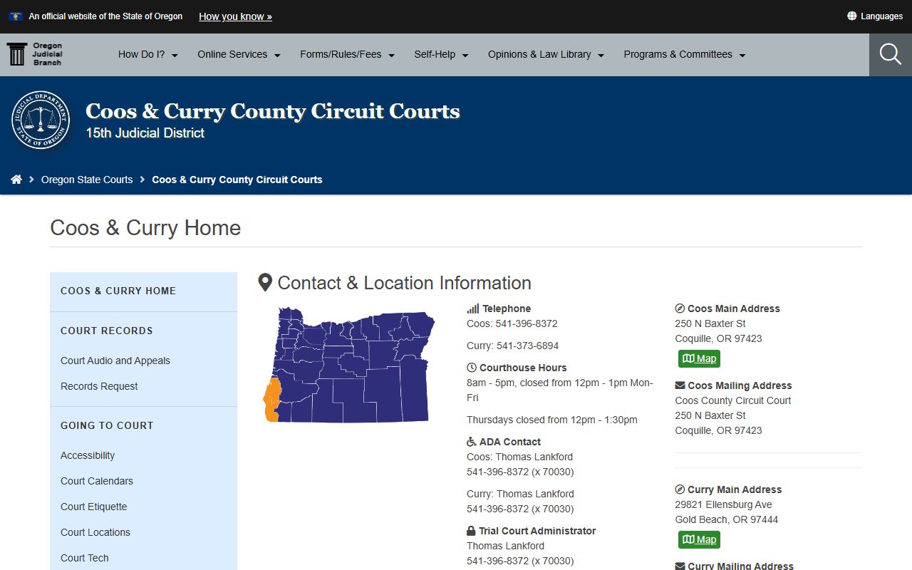 Coos County Circuit Court in Coquille Oregon court docket records