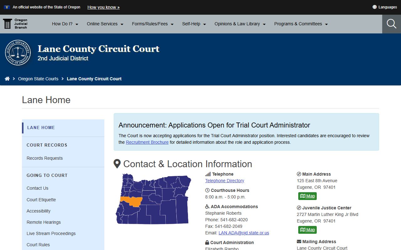 Lane County Circuit Court website for court docket records in Eugene Oregon