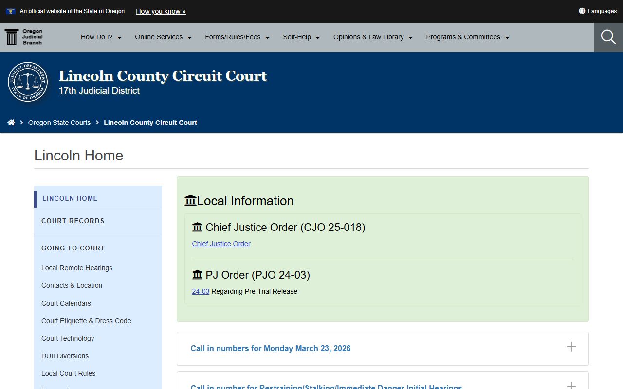 Lincoln County Circuit Court website for court docket records in Newport Oregon