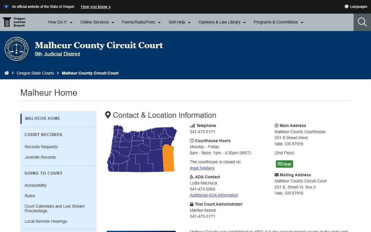 Malheur County Circuit Court website for court docket records in Vale Oregon