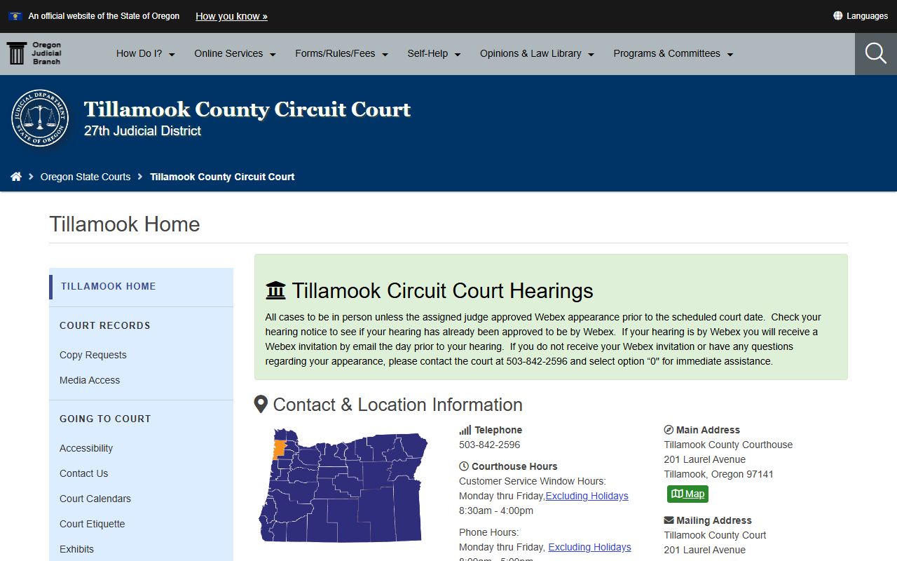 Tillamook County Circuit Court building in Tillamook Oregon for court docket records