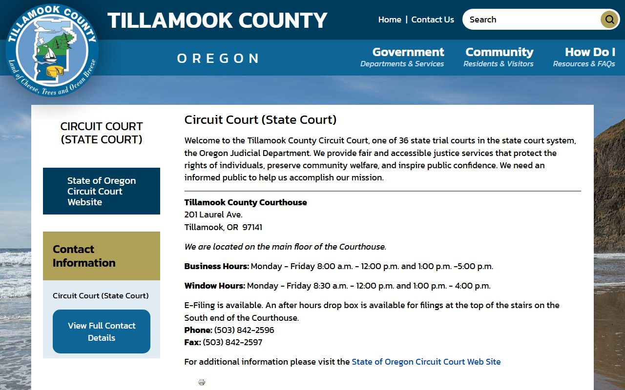Tillamook County government circuit court page for court docket records