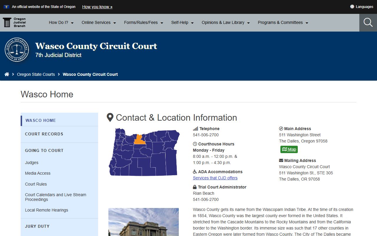 Wasco County Circuit Court building in The Dalles Oregon for court docket records