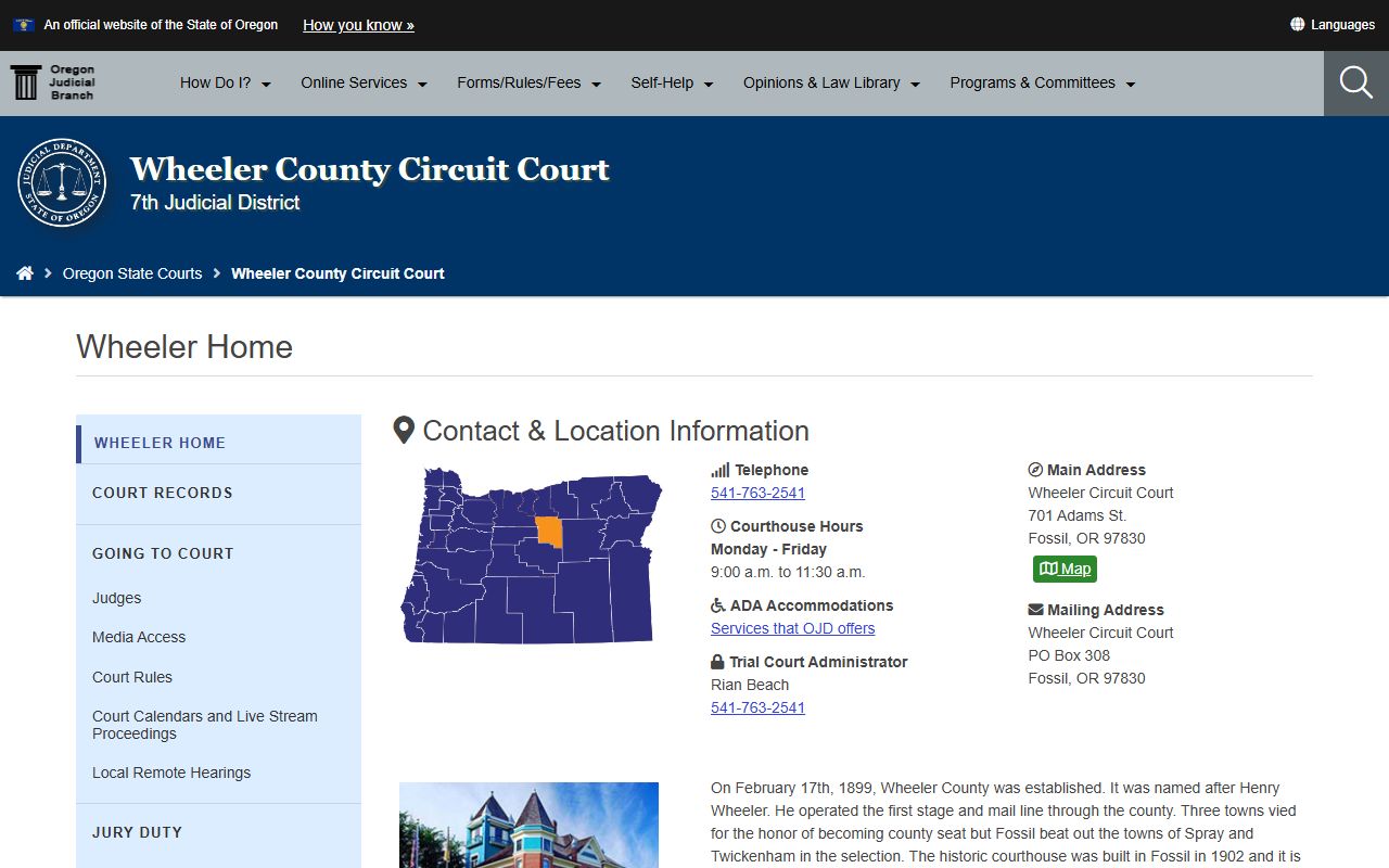 Wheeler County Circuit Court building in Fossil Oregon for court docket records