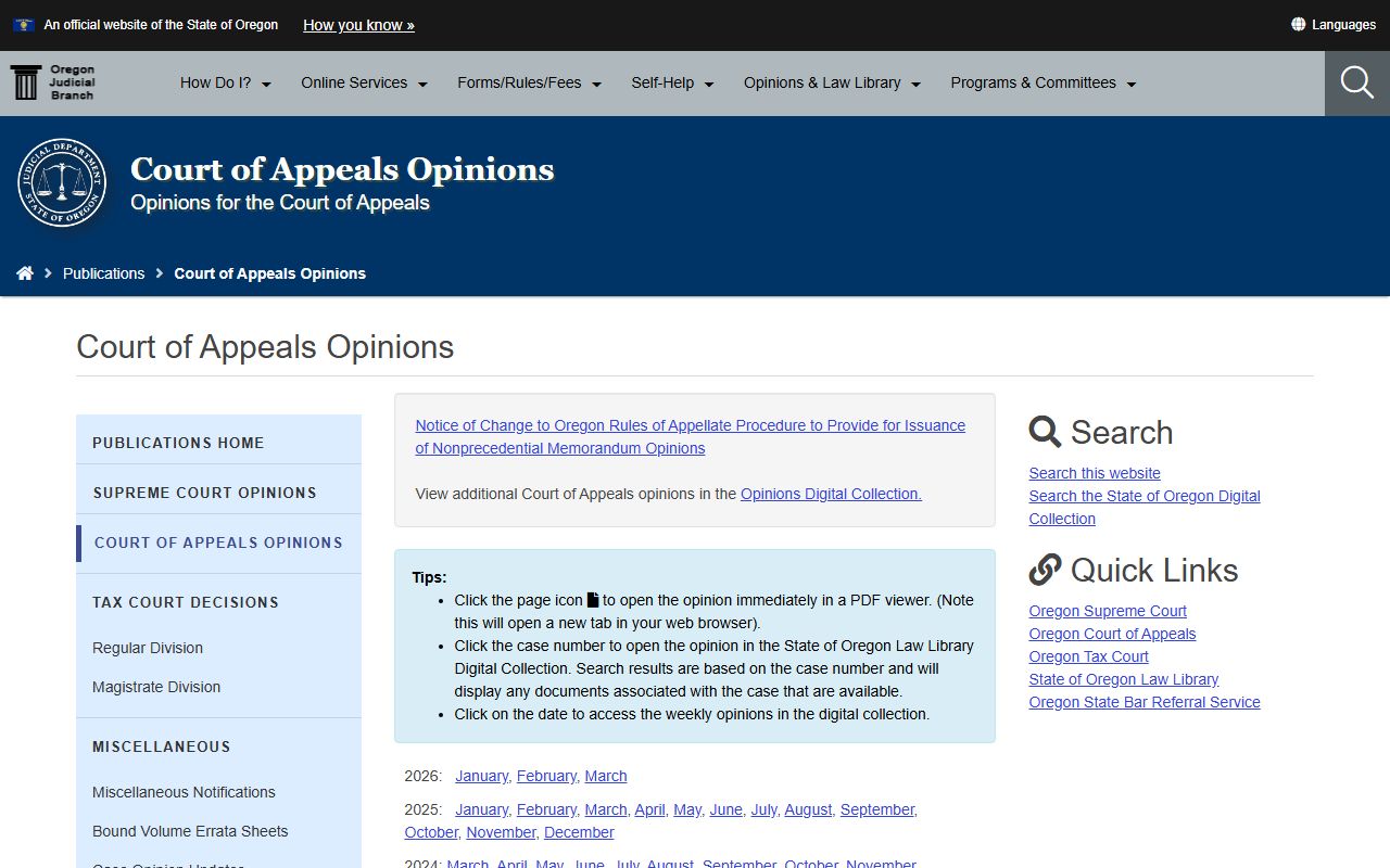 Oregon Court of Appeals opinions and court docket records