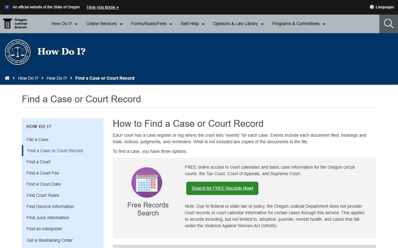 Oregon Judicial Department guide to finding court docket records