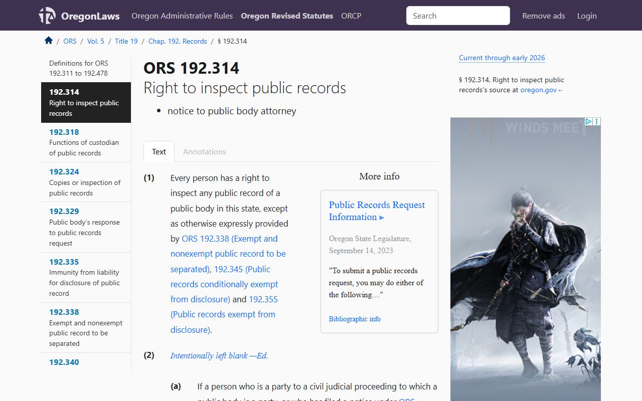 Oregon Revised Statute 192.314 public inspection of court docket records