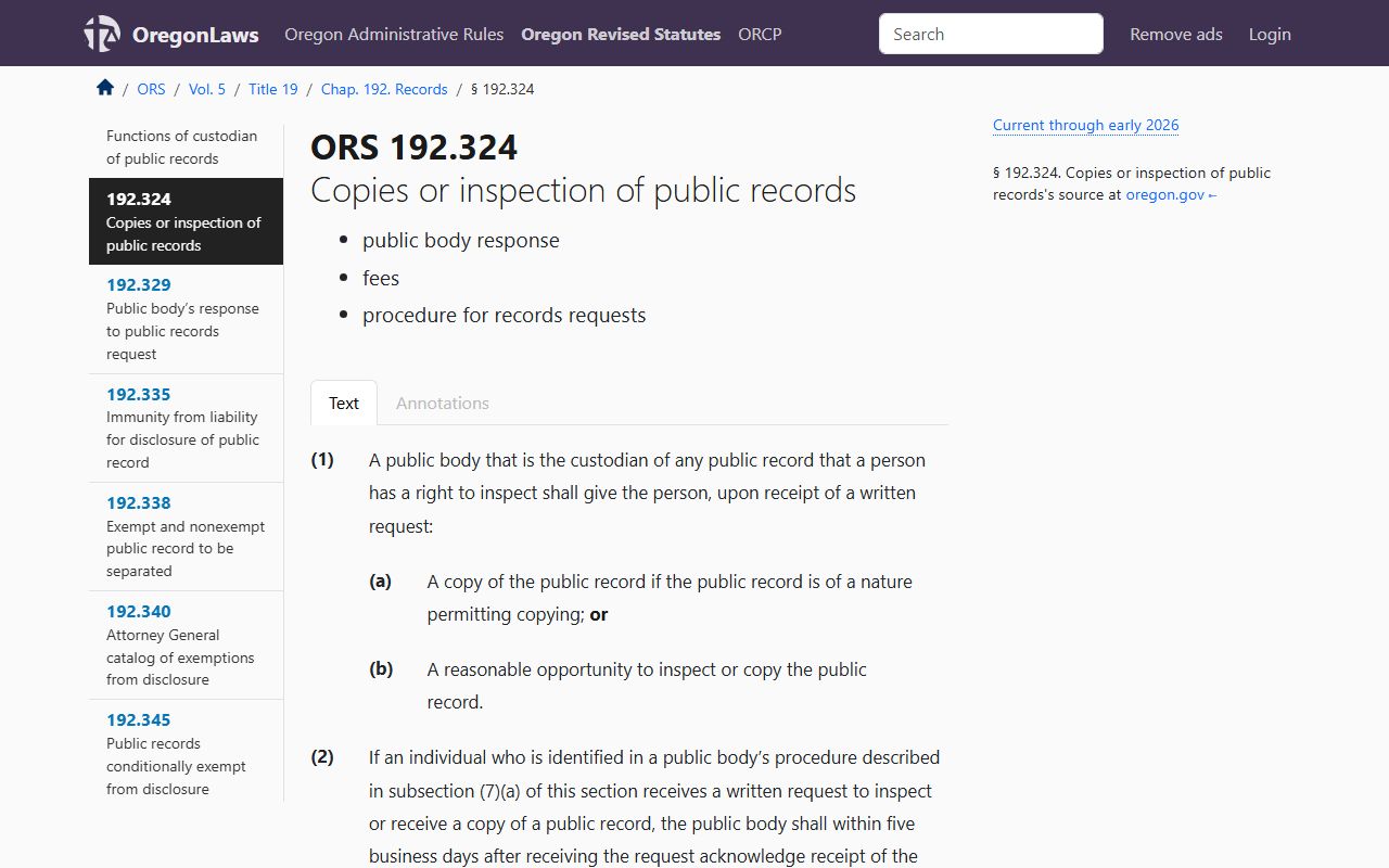 Oregon Revised Statute 192.324 fees for court docket record copies
