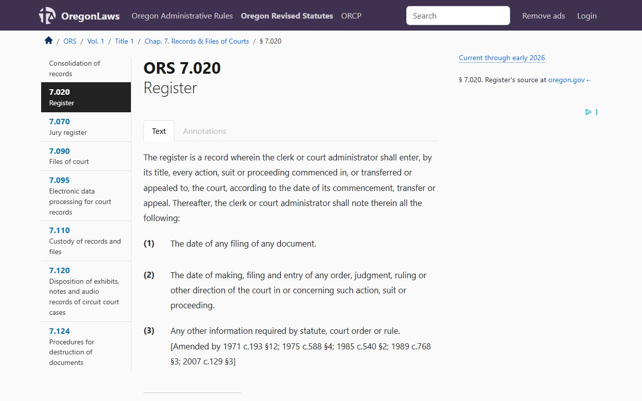 Oregon Revised Statute 7.020 defining court docket register requirements