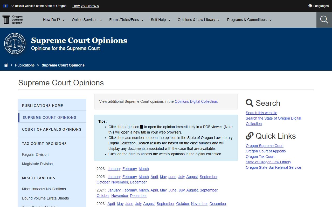 Oregon Supreme Court opinions and court docket records
